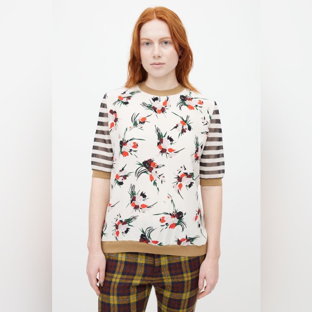 NWT Marni Floral And Striped Silk Blouse In Multicolour
